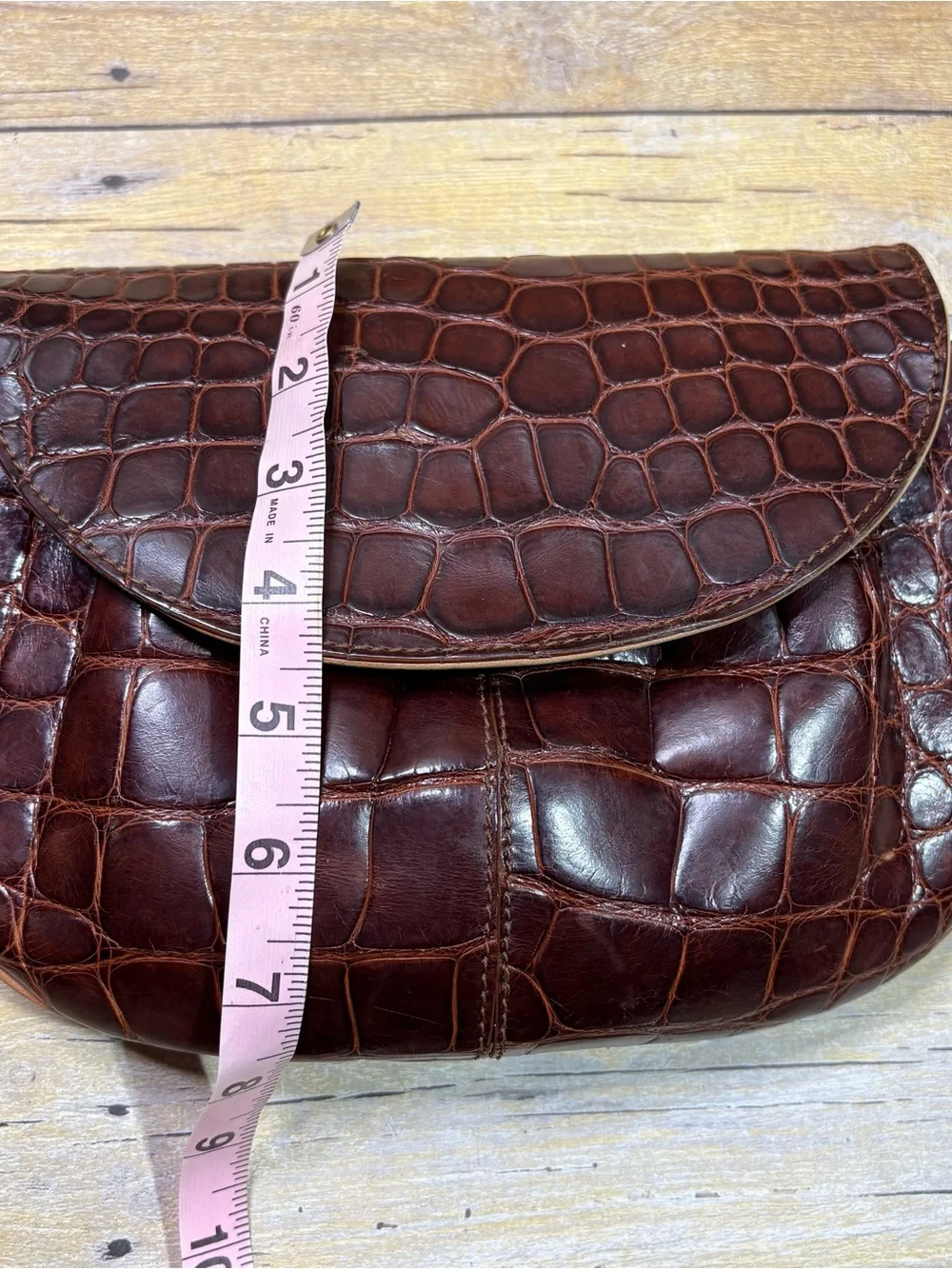 Brown Croc-Embossed Leather Crossbody Bag 100% real Alligator